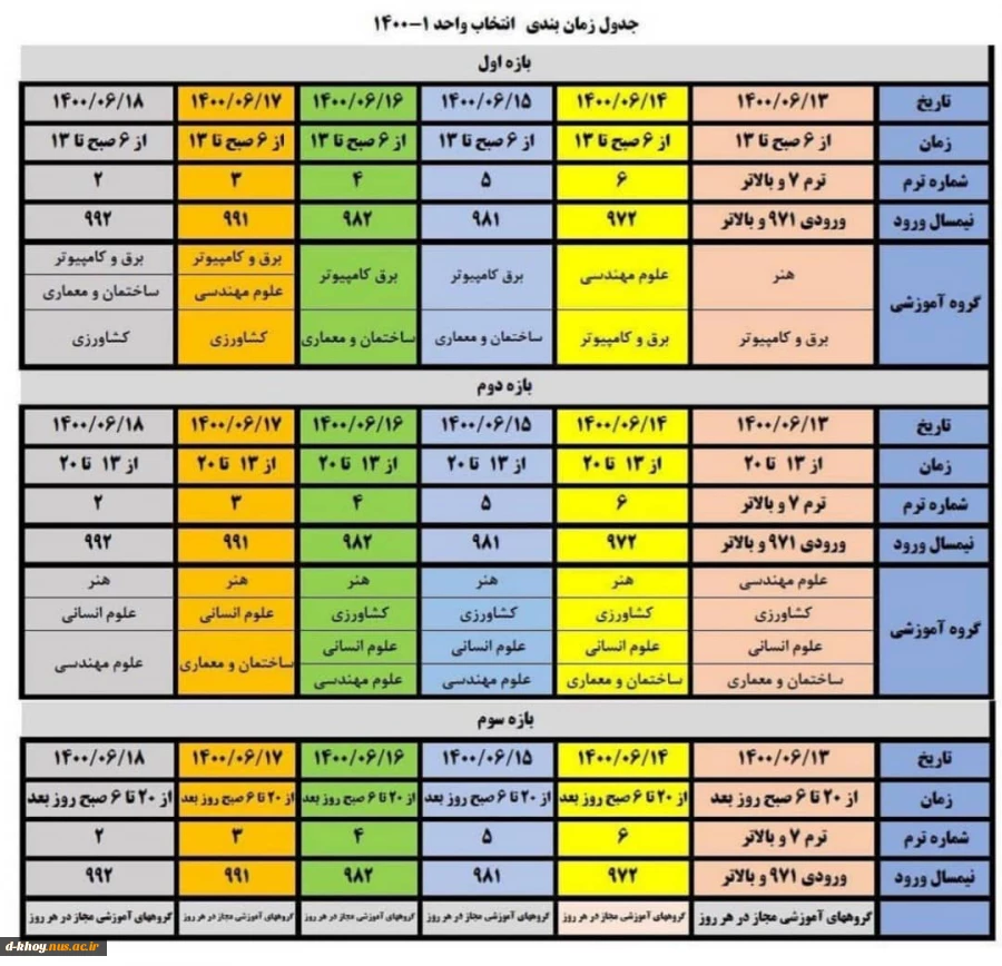 ملزومات انتخاب واحد - ترم بندی و برنامه کلاسی تمامی رشته ها - زمان بندی انتخاب واحد 2