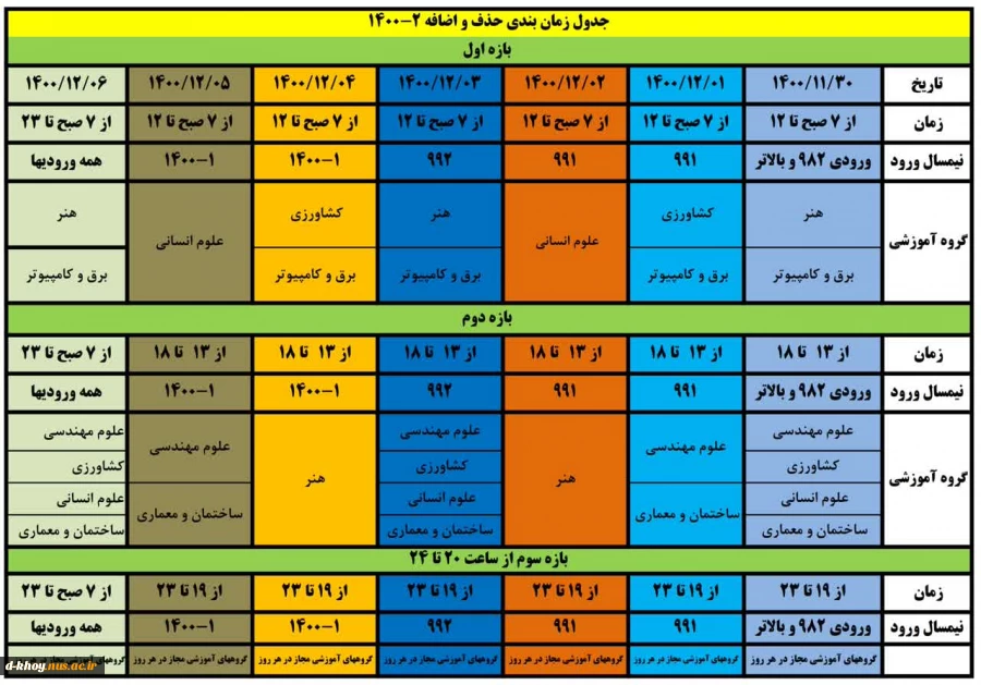 برنامه کلاسی تمامی رشته ها - برنامه حذف و اضافه ( 1401-1400 ) 3