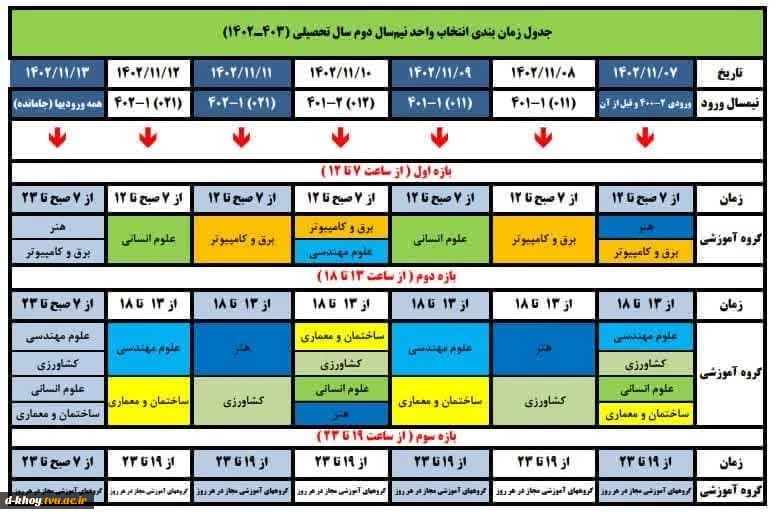 جدول زمان بندی انتخاب واحد نیمسال دوم سال تحصیلی 1403-1402 2
